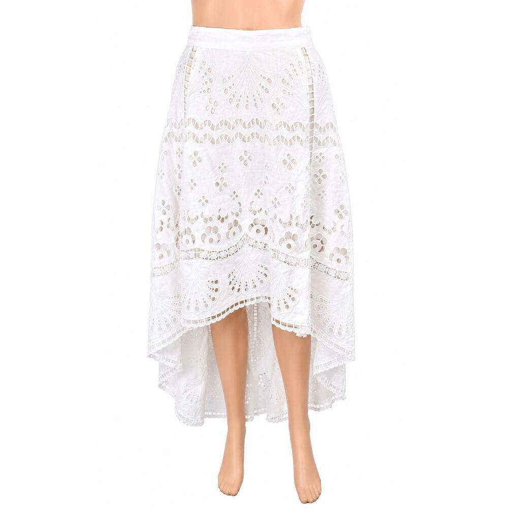 CYNTHIA ROWLEY Size 4 White Linen Eyelet Embroidered Hi Low Midi Skirt